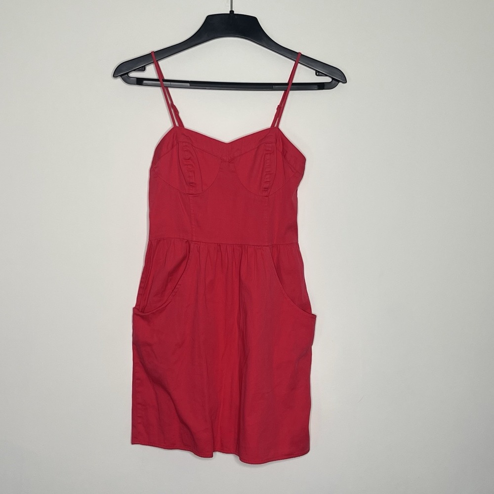 Y2K Mini Dress Small Bustier Pink/Red Cami‎ Spaghetti Straps Pockets Skater Girl